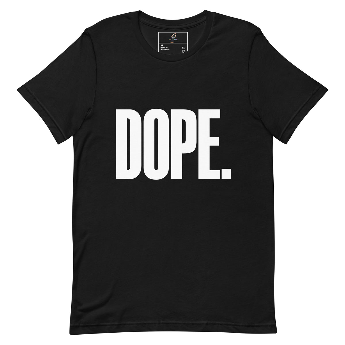 A black short-sleeve crewneck t-shirt with the word 'DOPE.' printed in bold white capital letters across the chest, shown against a plain white background.
