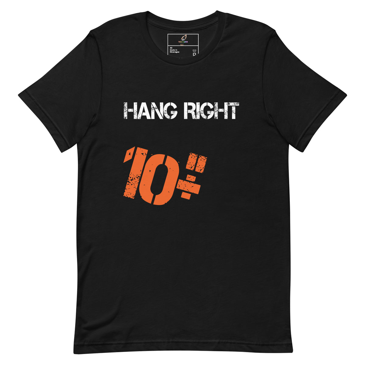 A black short-sleeve crewneck t-shirt featuring a distressed graphic print. The text 'HANG RIGHT' is printed in white across the chest, and below it is a large distressed orange '10"' graphic.