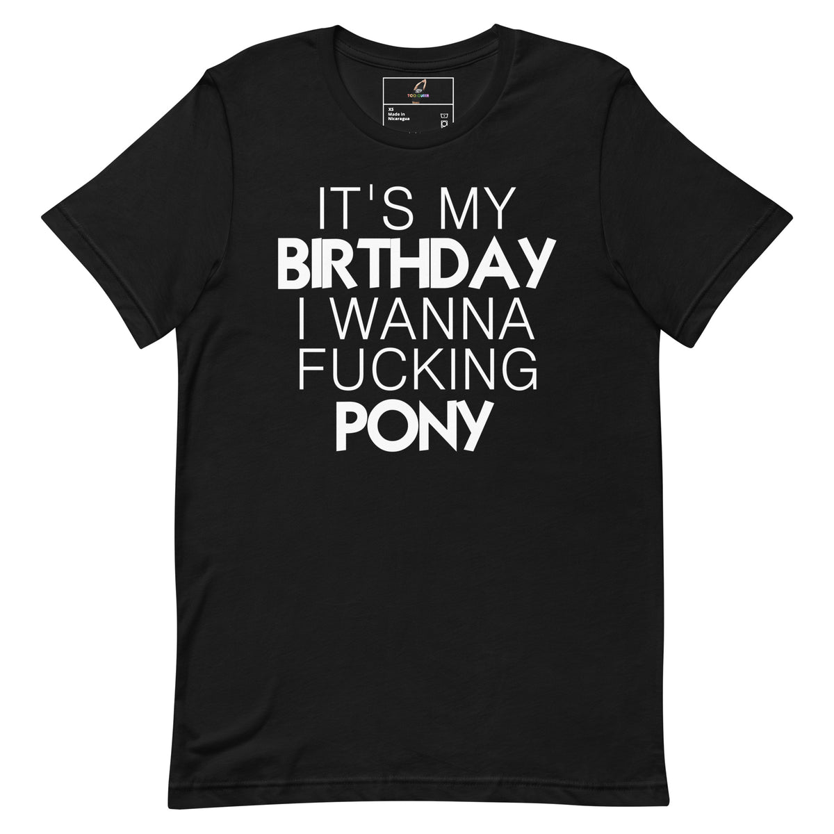 A black short-sleeve crewneck t-shirt with bold white text on the front that reads 'IT'S MY BIRTHDAY I WANNA FUCKING PONY'.