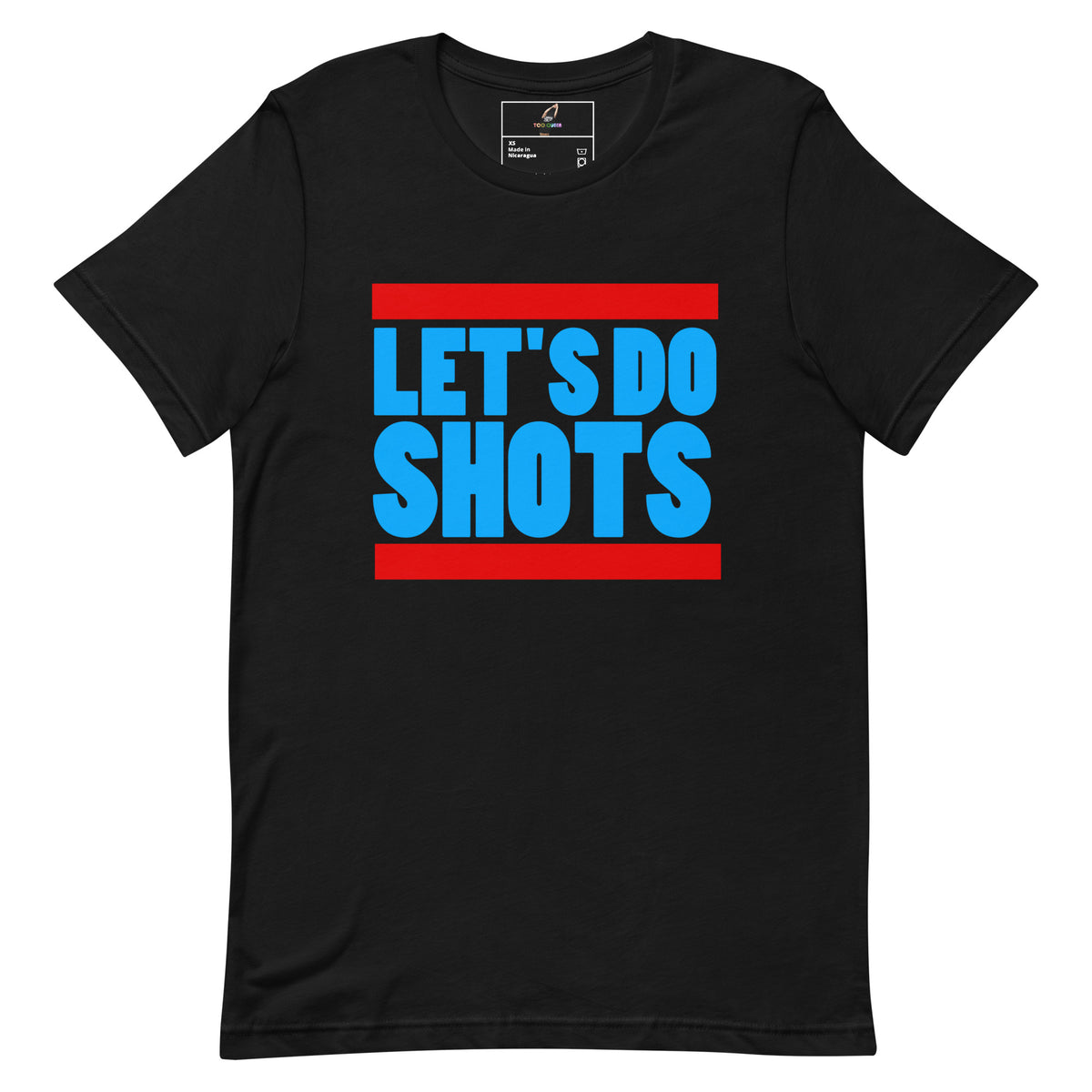 A black short-sleeve crewneck t-shirt featuring a graphic print on the chest with the text 'LET'S DO SHOTS' in bold blue letters, framed by two horizontal red bars, shown against a plain white background.