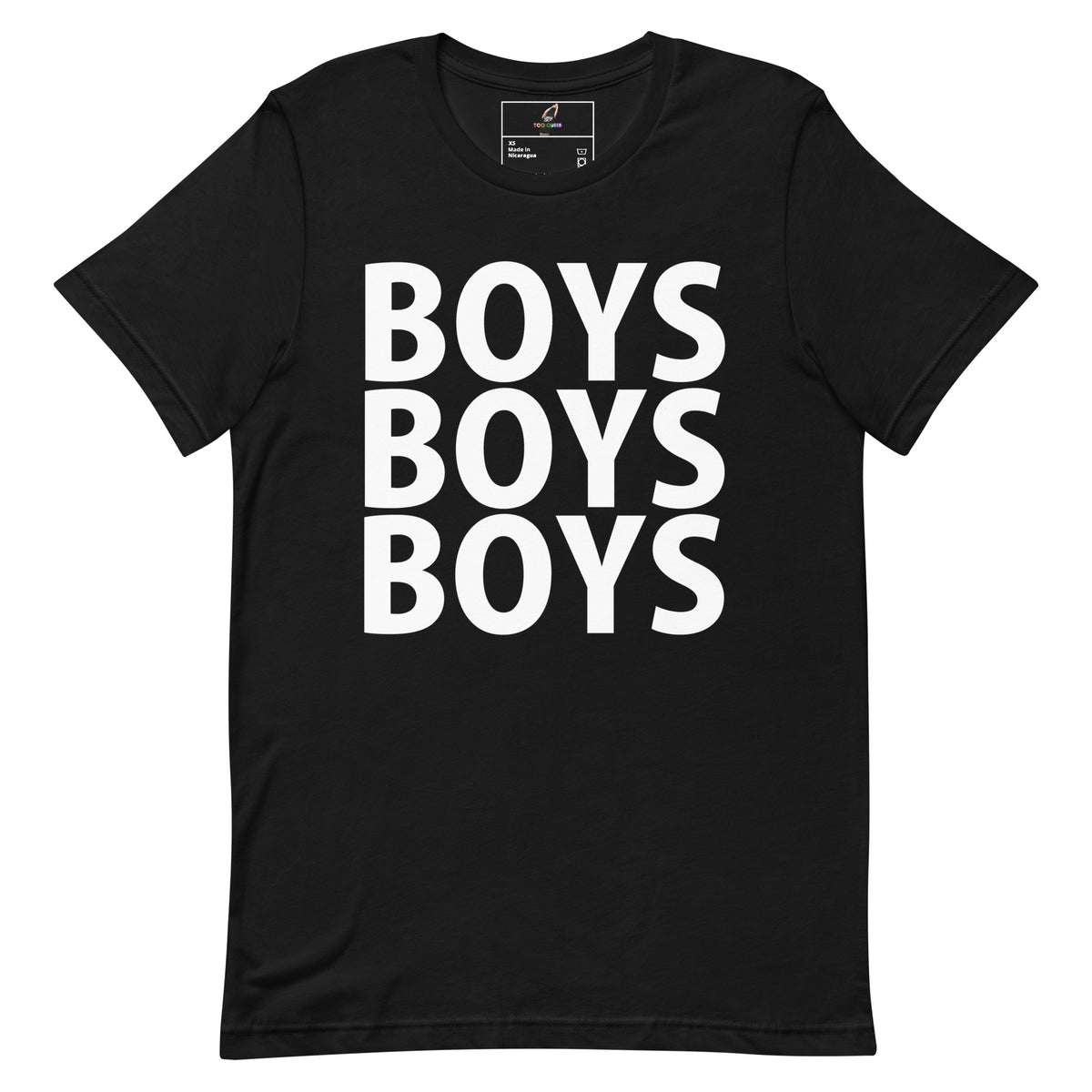 A black short-sleeve crewneck t-shirt featuring the word 'BOYS' printed vertically in bold white capital letters, repeated three times to read 'BOYS BOYS BOYS'.