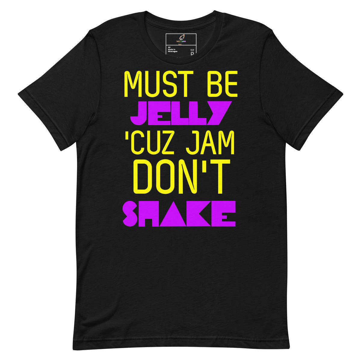 A black short-sleeve t-shirt with a bold graphic text print reading 'MUST BE JELLY 'CUZ JAM DON'T SHAKE' in yellow and purple lettering, displayed on a solid white background.