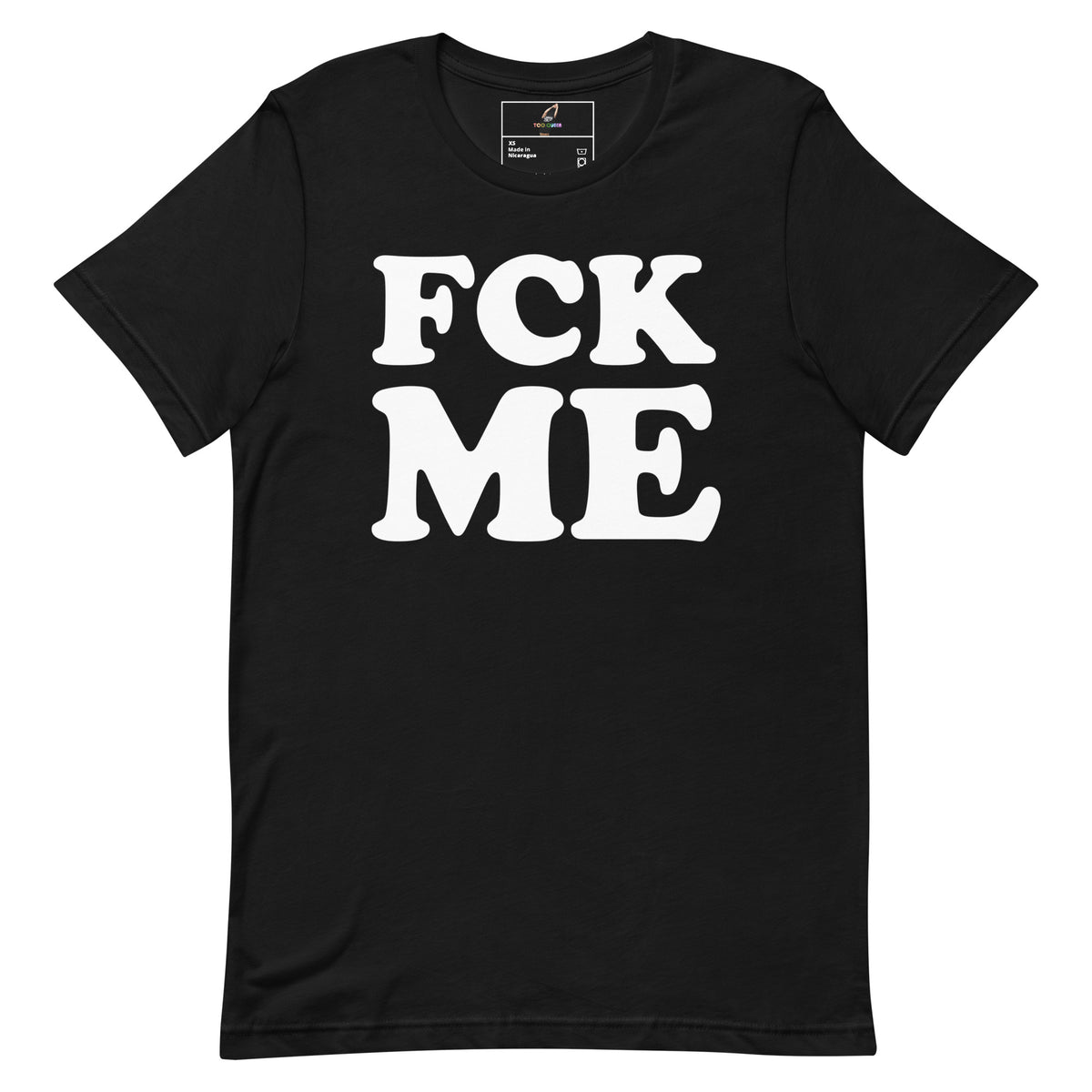 A black short-sleeve crewneck t-shirt featuring the words 'FCK ME' printed in large, bold, white retro-style block letters across the chest, displayed on a solid white background.