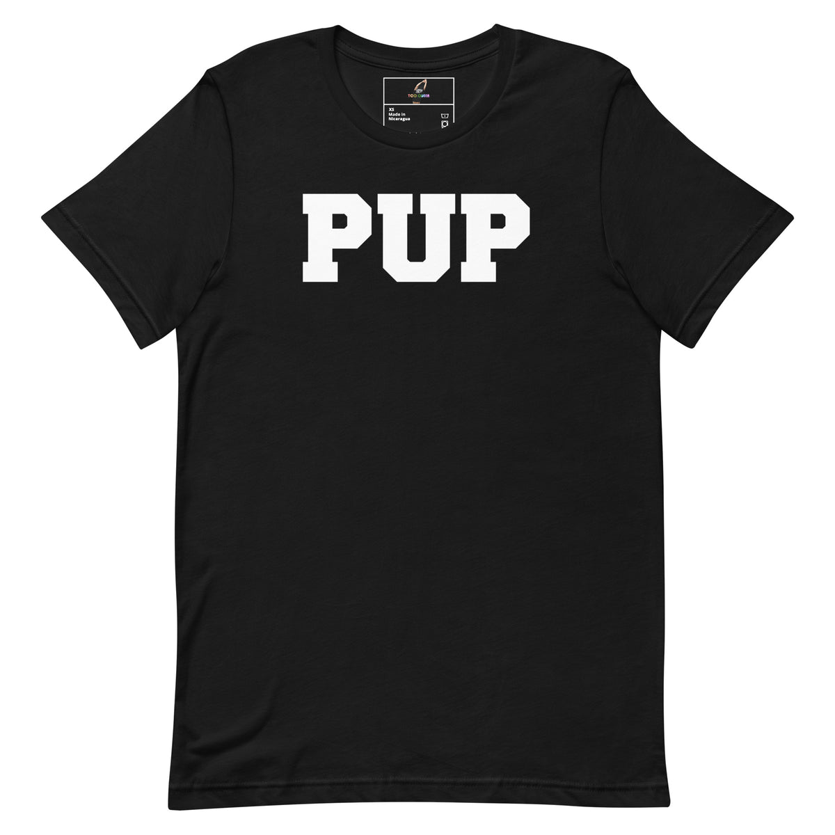 A black short-sleeve crewneck t-shirt with the word 'PUP' printed in bold white varsity-style block letters across the chest, displayed flat against a solid white background.