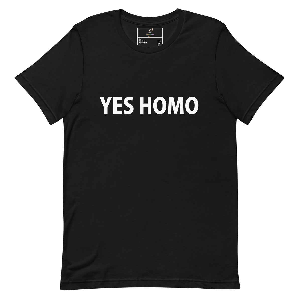A black short-sleeve crewneck t-shirt with the words 'YES HOMO' printed in bold white capital letters across the chest, displayed flat against a solid white background.