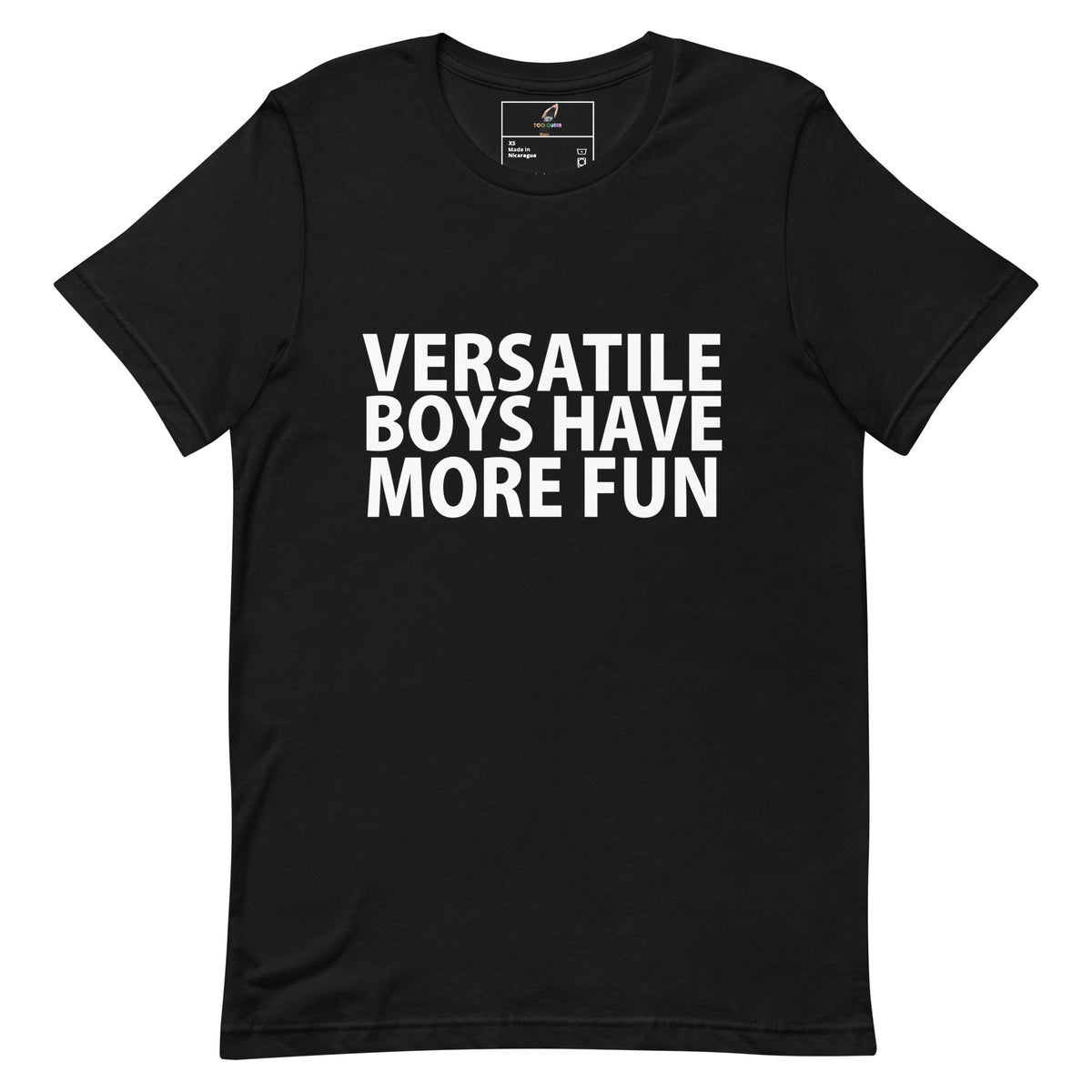 A black short-sleeve crewneck t-shirt with the phrase 'VERSATILE BOYS HAVE MORE FUN' printed in bold white capital letters across the chest, displayed on a solid white background.