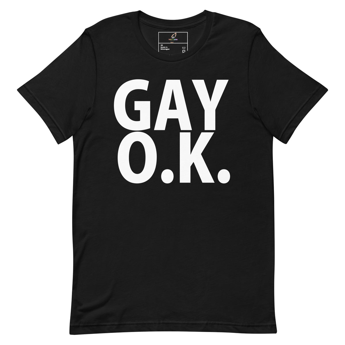 A black short-sleeve crewneck t-shirt with the words 'GAY O.K.