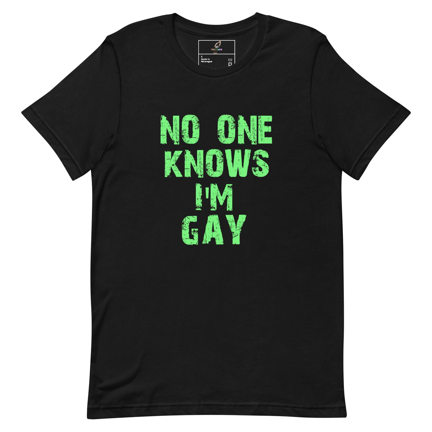 A black short-sleeve crewneck t-shirt with the phrase 'NO ONE KNOWS I'M GAY' printed in distressed green block letters on the front, displayed flat against a white background.