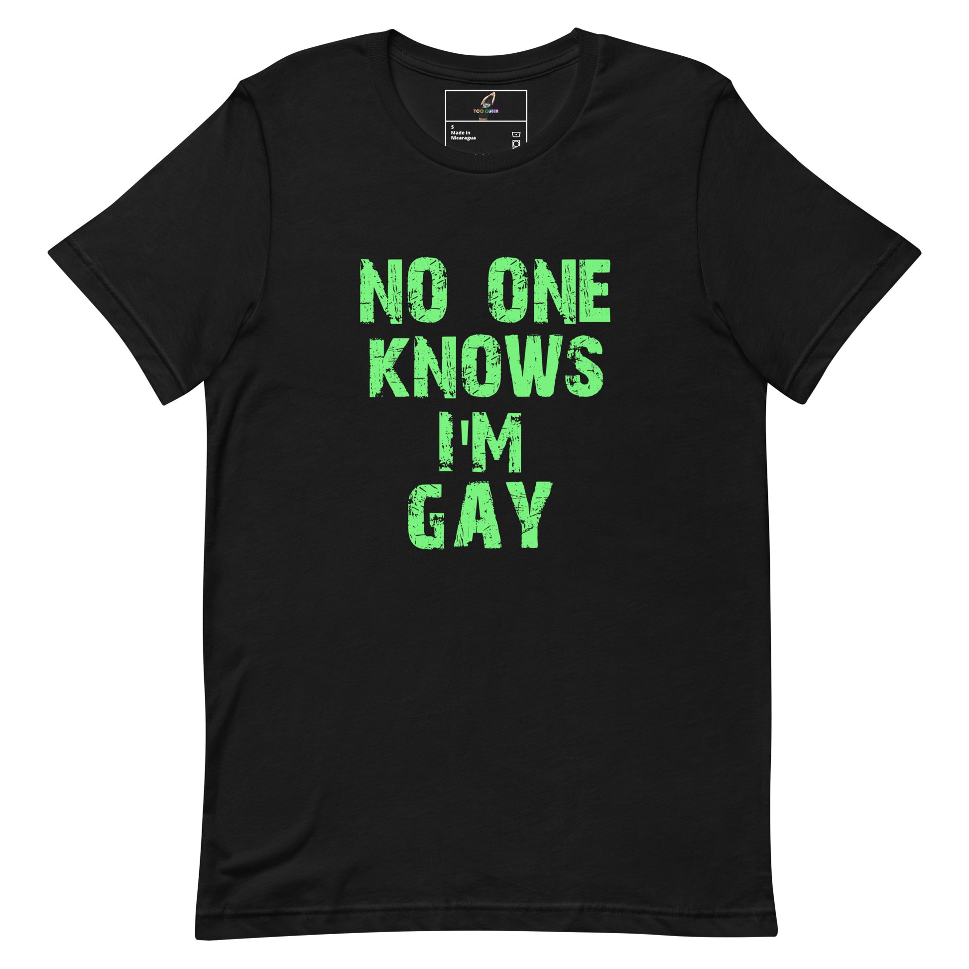 A black short-sleeve crewneck t-shirt with the phrase 'NO ONE KNOWS I'M GAY' printed in distressed green block letters on the front, displayed flat against a white background.