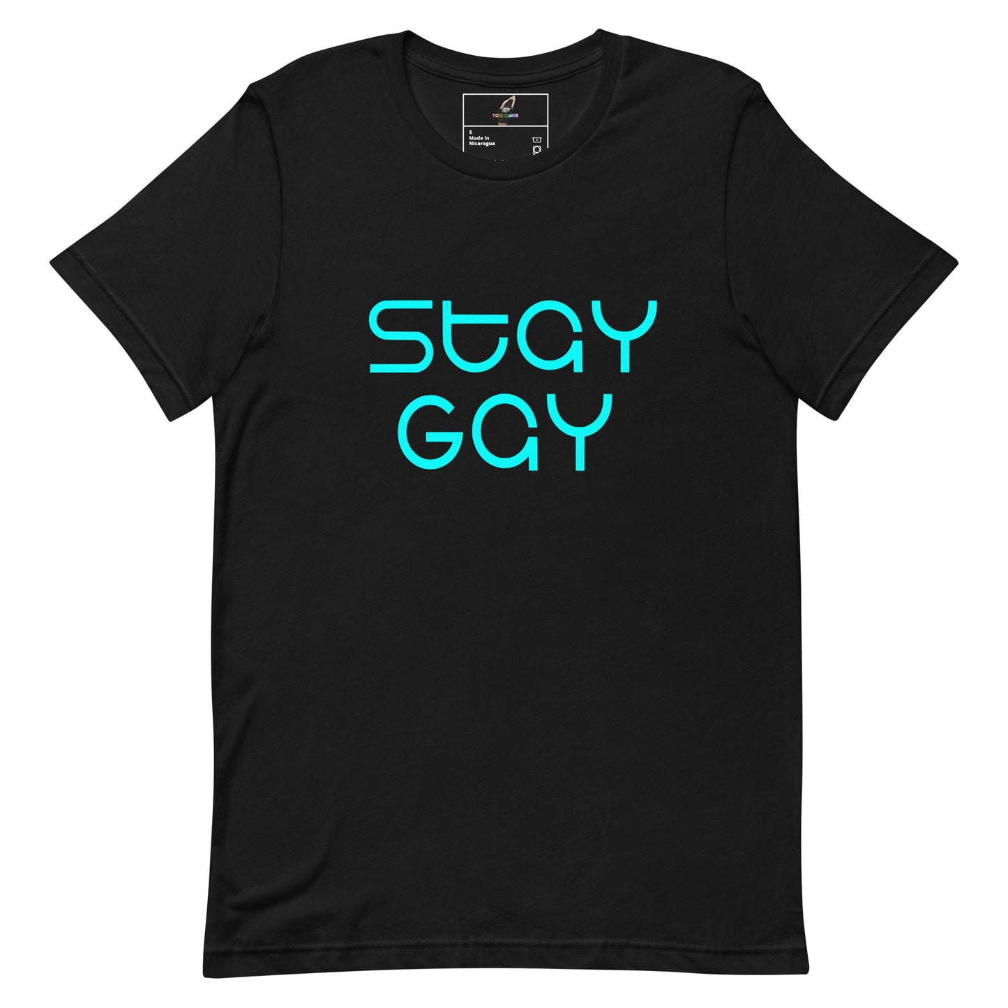 A black short-sleeve crewneck t-shirt featuring the words 'STAY GAY' printed on the chest in a bright cyan outline font, displayed against a solid white background.