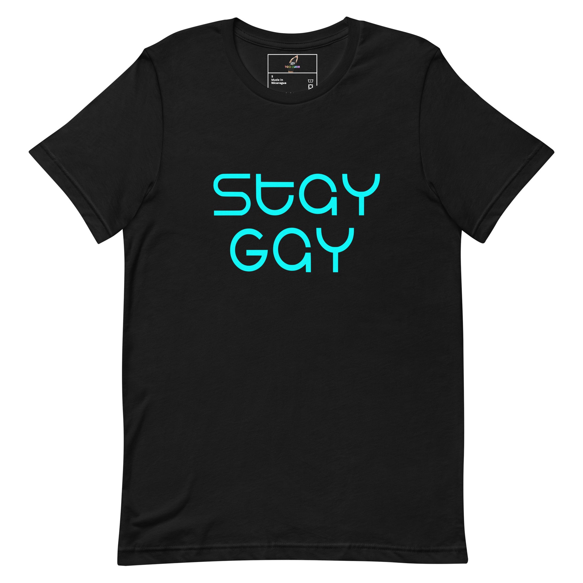 A black short-sleeve crewneck t-shirt featuring the words 'STAY GAY' printed on the chest in a bright cyan outline font, displayed against a solid white background.