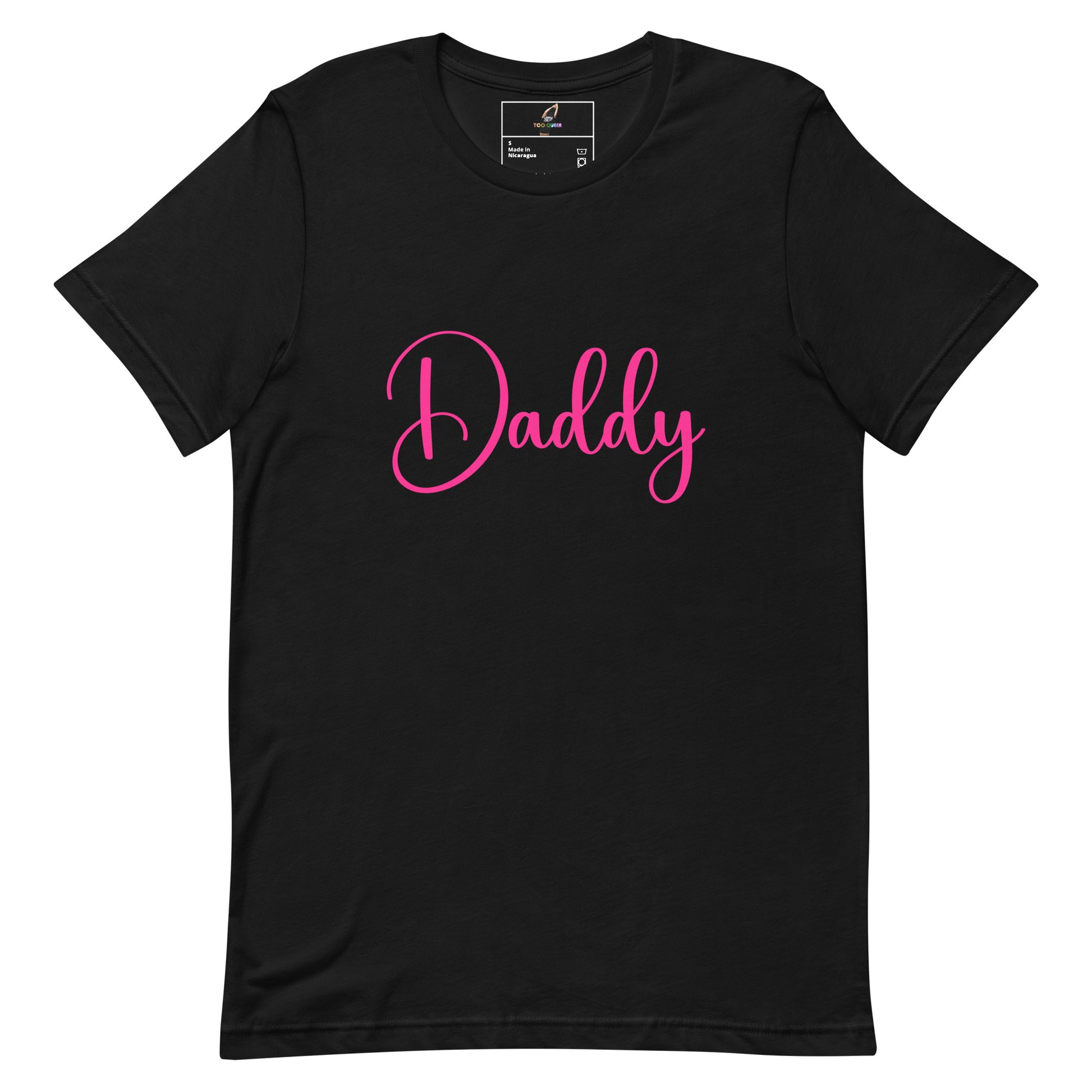 A black short-sleeve crewneck t-shirt featuring the word 'Daddy' printed across the chest in a bright pink cursive script, displayed on a clean white background.