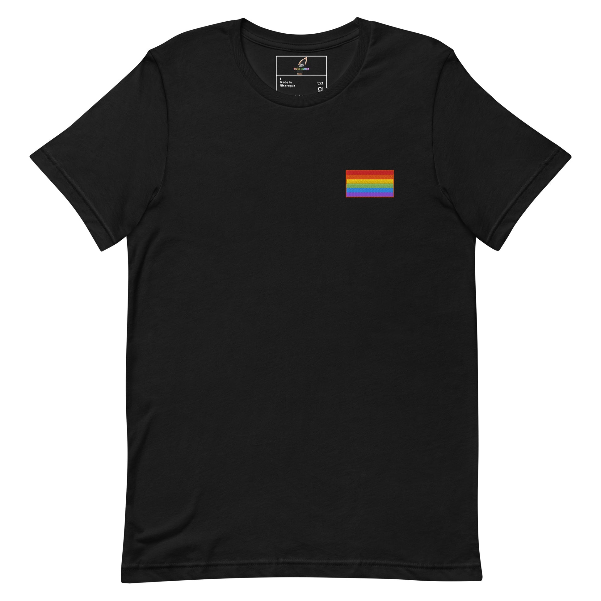 A black short-sleeve crewneck t-shirt with a small rainbow pride flag graphic on the left chest, displayed on a clean white background.