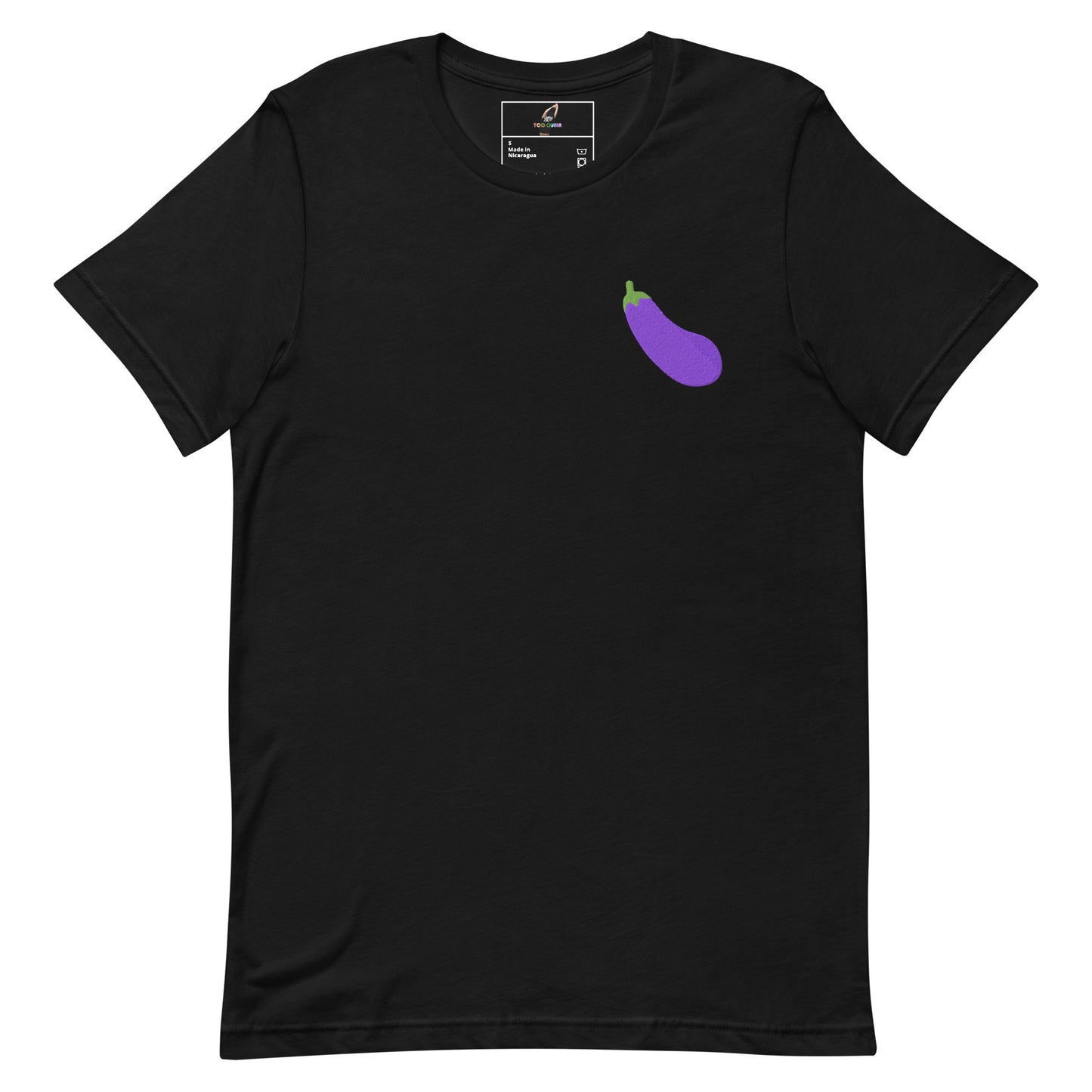 A black short-sleeve crewneck t-shirt featuring a small purple eggplant graphic on the left chest with a green stem, displayed on a solid white background.