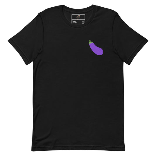 A black short-sleeve crewneck t-shirt featuring a small purple eggplant graphic on the left chest with a green stem, displayed on a solid white background.