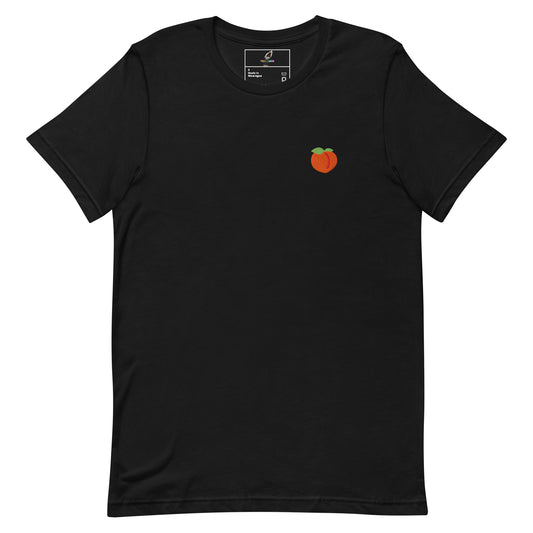 A dark navy blue short-sleeve t-shirt with a small orange circular graphic and white Japanese characters on the left chest, displayed flat against a white background.