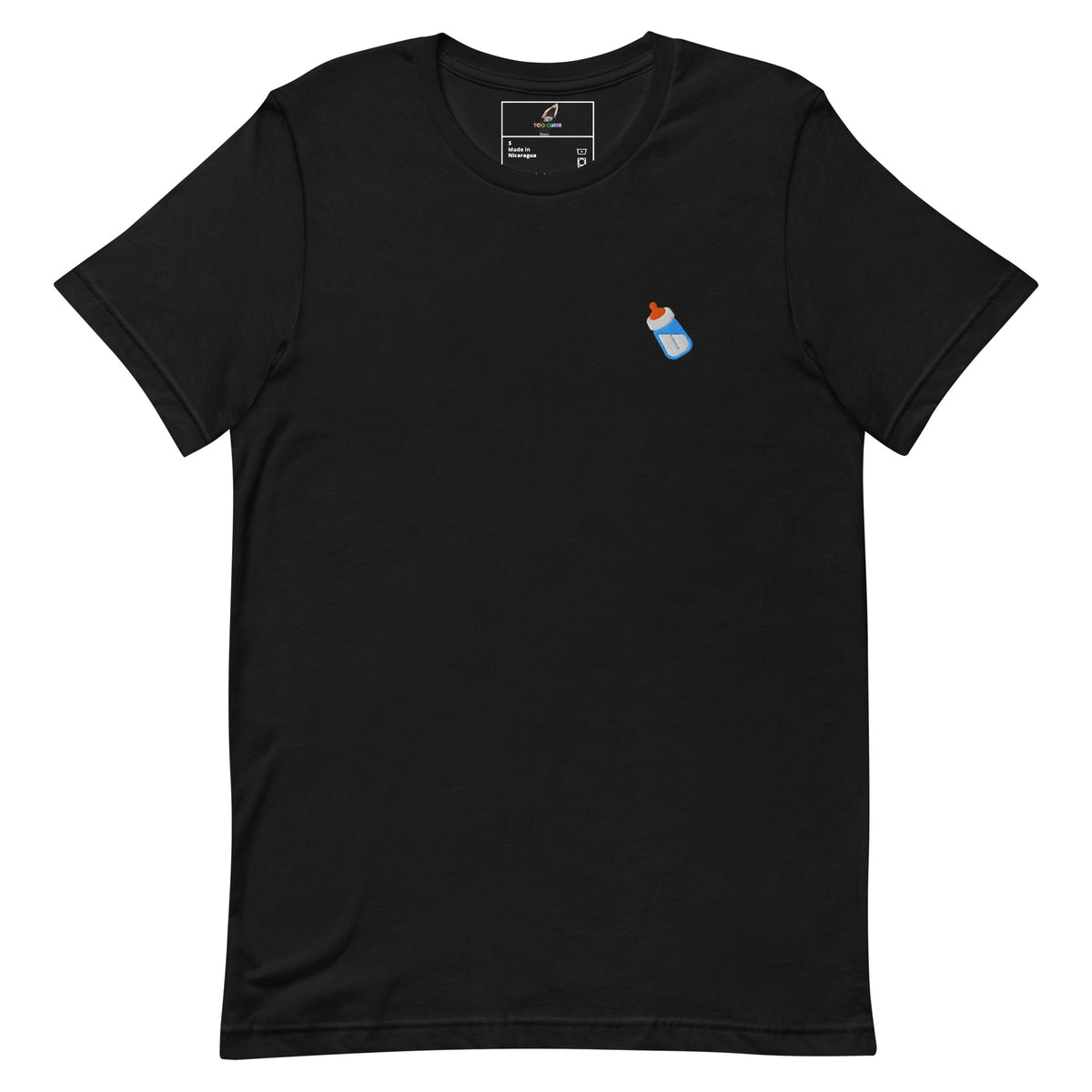 Navy blue t-shirt with a small white logo on a white background