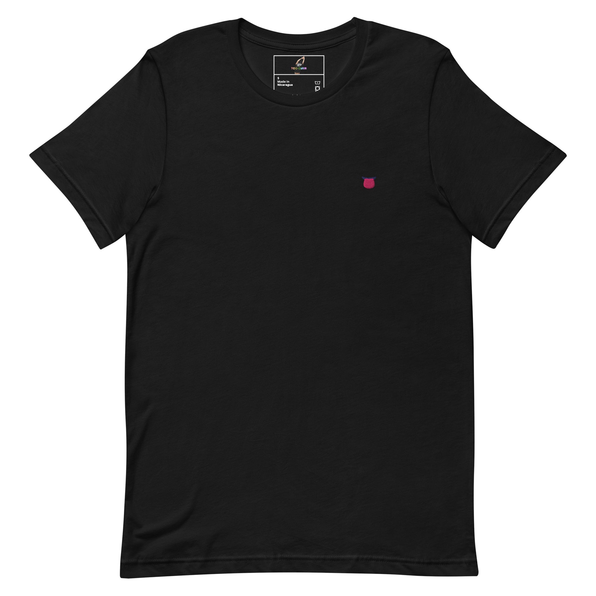 Navy blue t-shirt with white graphic of two cats at a record player and 'Oh, I love this record' text.