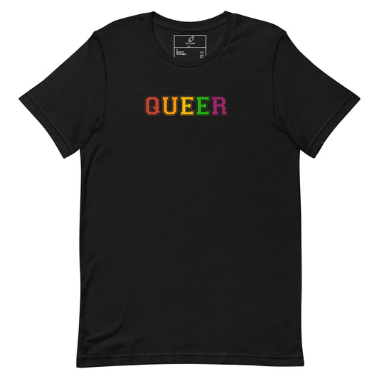 A black short-sleeve crewneck t-shirt featuring the word 'QUEER' printed across the chest in a rainbow gradient of red, orange, yellow, green, and purple letters, displayed on a clean white background.