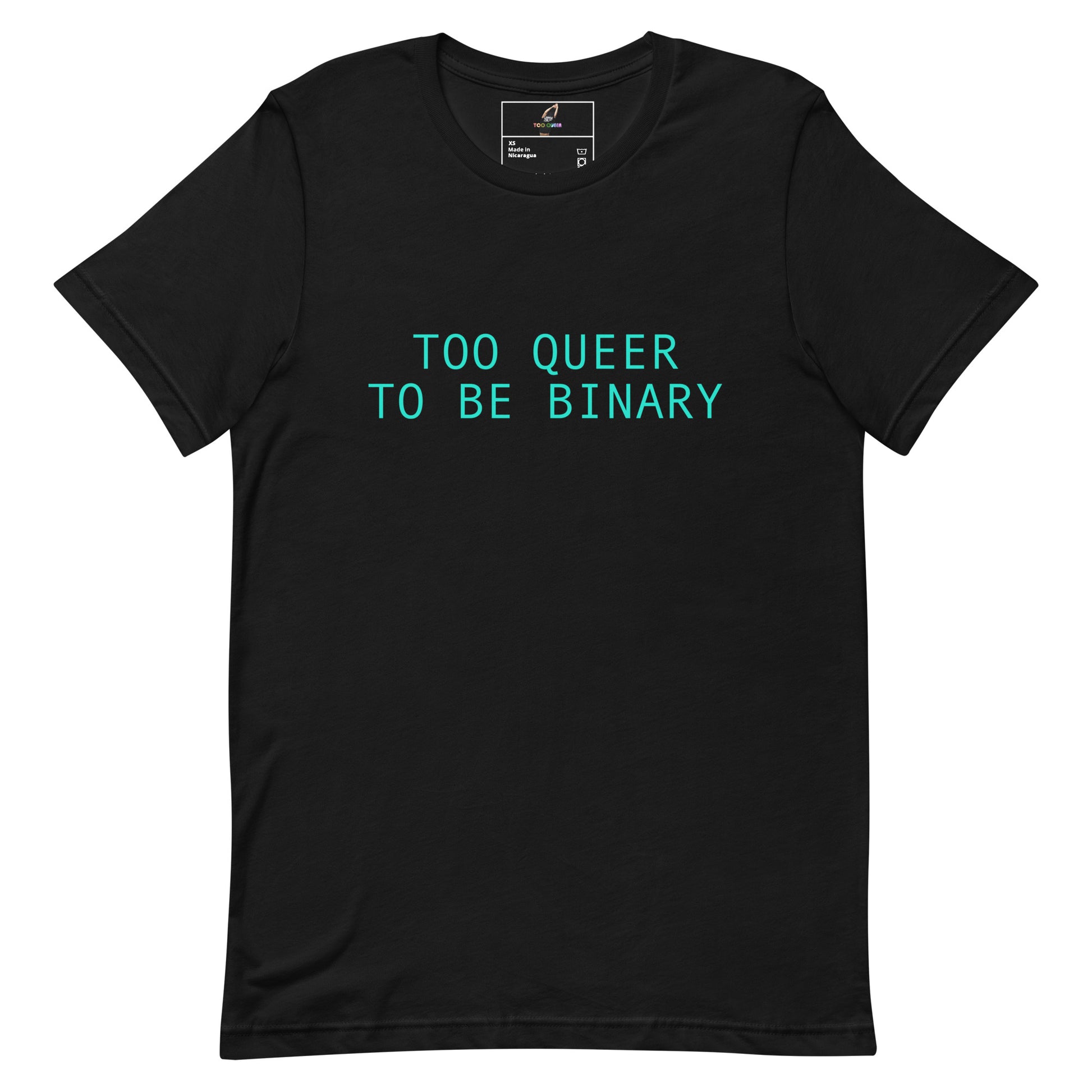 A black short-sleeve crewneck t-shirt with the text 'TOO QUEER TO BE BINARY' printed in a bright teal sans-serif font across the chest, displayed on a clean white background.