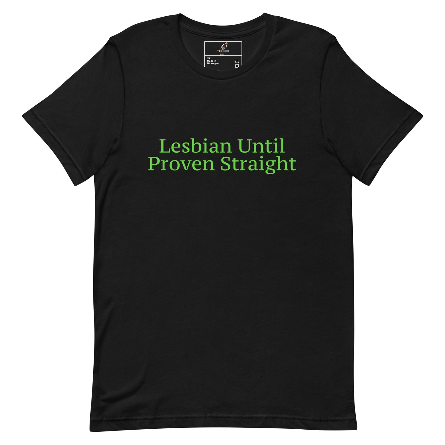 Dark green t-shirt with white text on a white background