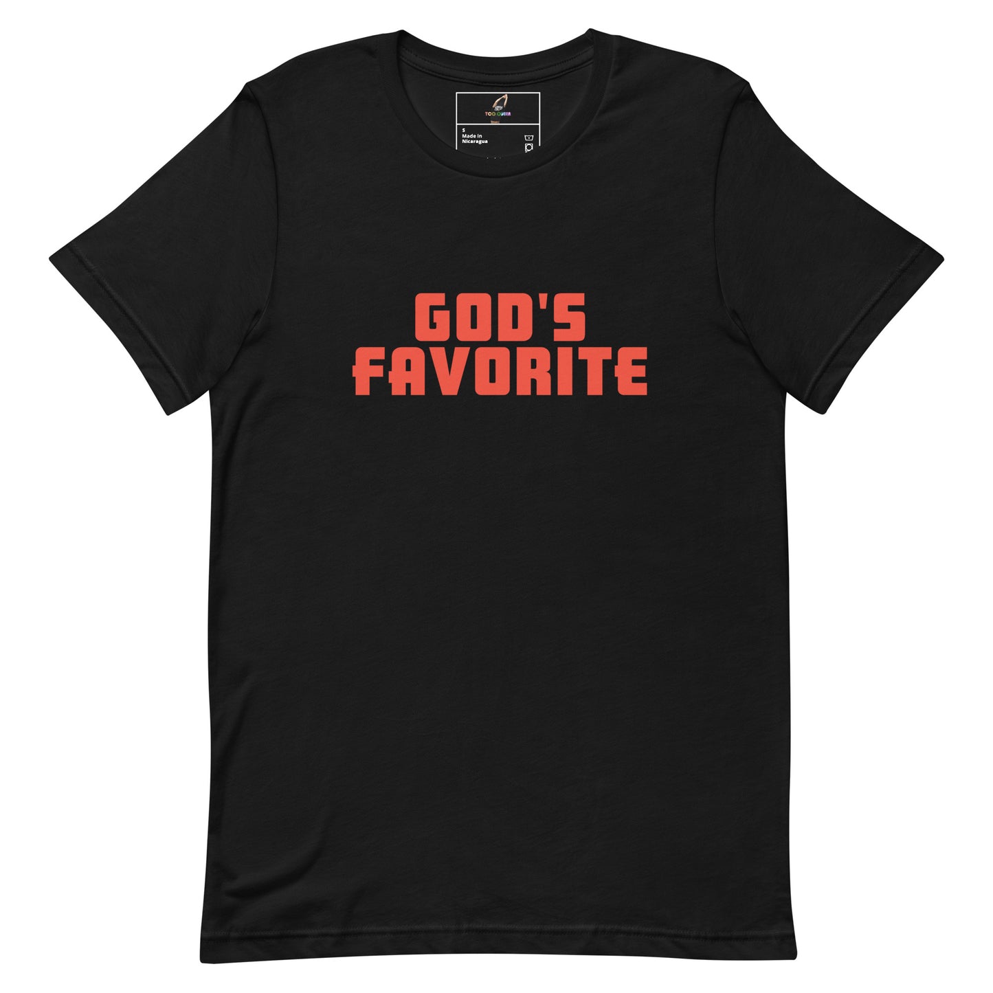 A black short-sleeve crewneck t-shirt with the phrase 'GOD'S FAVORITE' printed in a bold, orange-red sans-serif font across the chest, displayed on a clean white background.