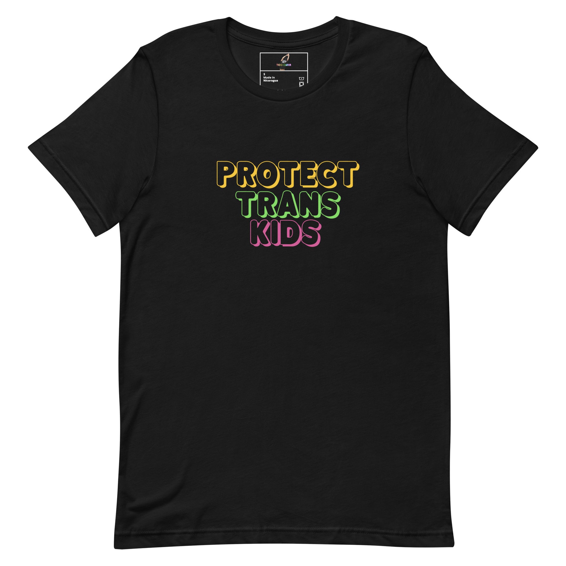 A black short-sleeve crewneck t-shirt featuring the text 'PROTECT TRANS KIDS' printed on the chest in yellow, green, and pink outlined lettering, displayed against a solid white background.