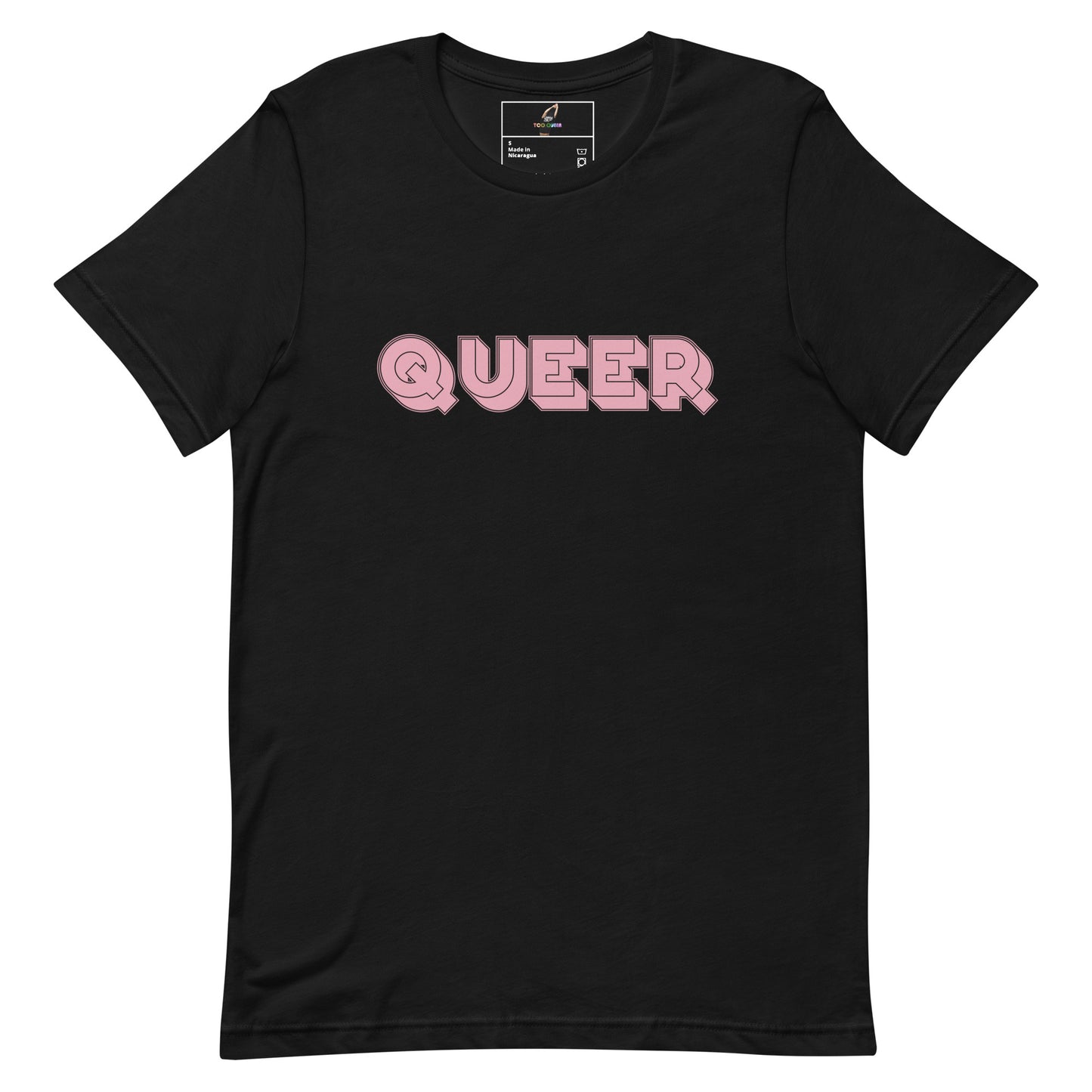A black short-sleeve crewneck t-shirt featuring the word 'QUEER' printed across the chest in pink bubble letters with a white outline, displayed on a solid white background.