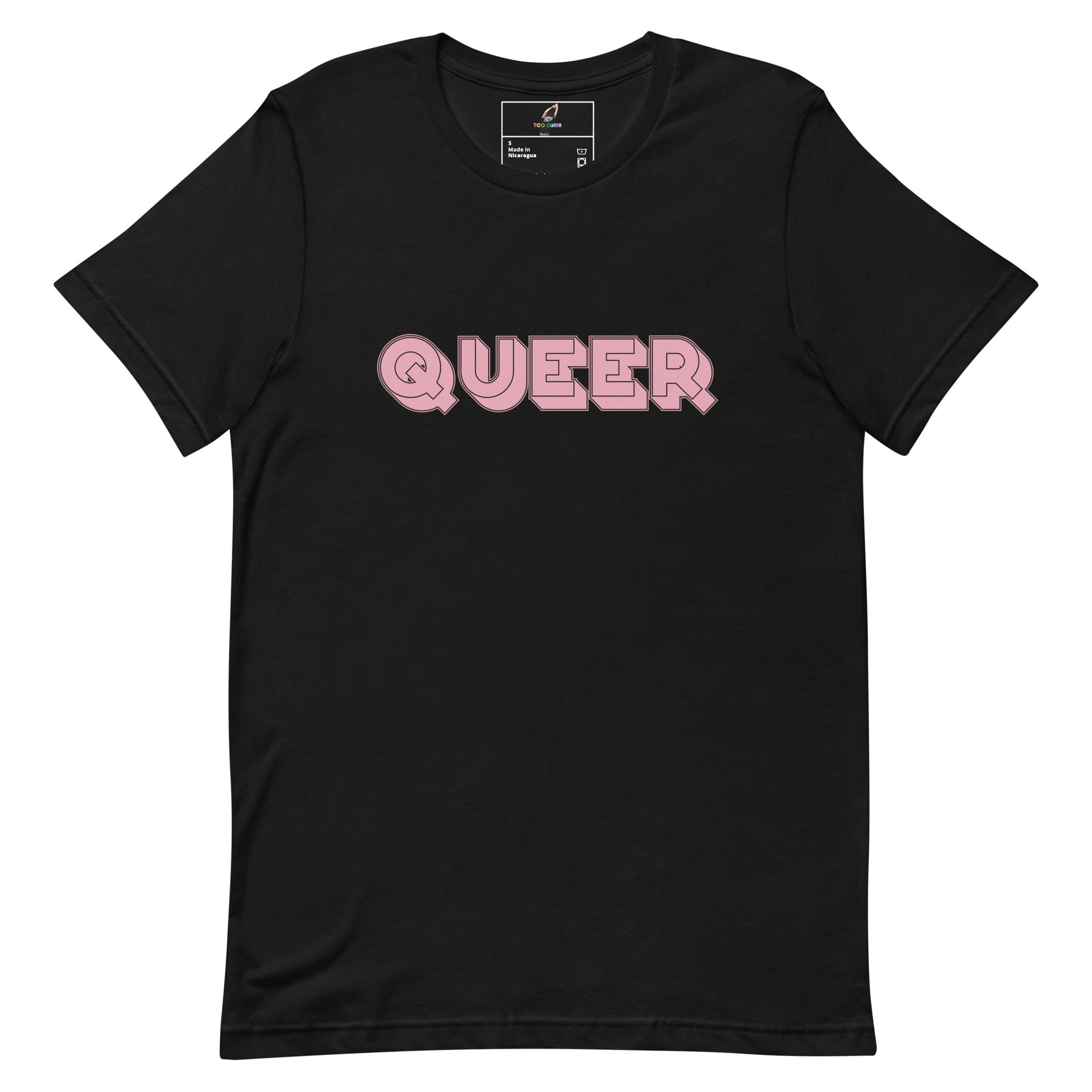 A black short-sleeve crewneck t-shirt featuring the word 'QUEER' printed across the chest in pink bubble letters with a white outline, displayed on a solid white background.