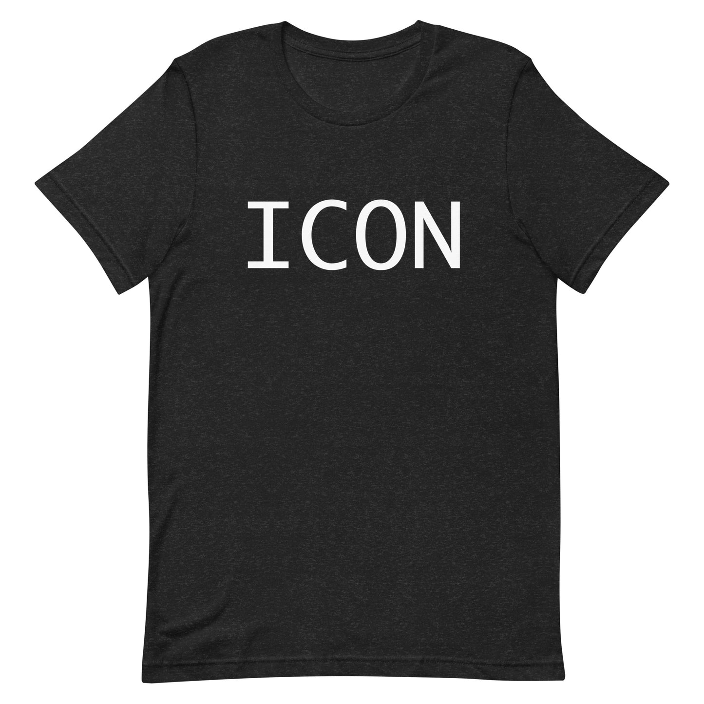 Black t-shirt with 'ICON' printed in white on a white background