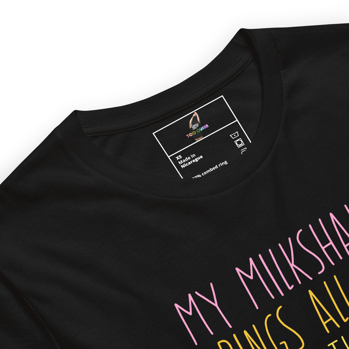 Black t-shirt with 'HUSTLE' text and a brand logo on a white background