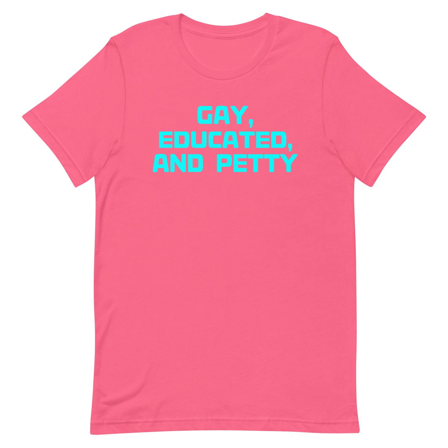A bright pink short-sleeve crewneck t-shirt with the text 'GAY, EDUCATED, AND PETTY' printed in a bright cyan sans-serif font across the chest, shown on a plain white background.