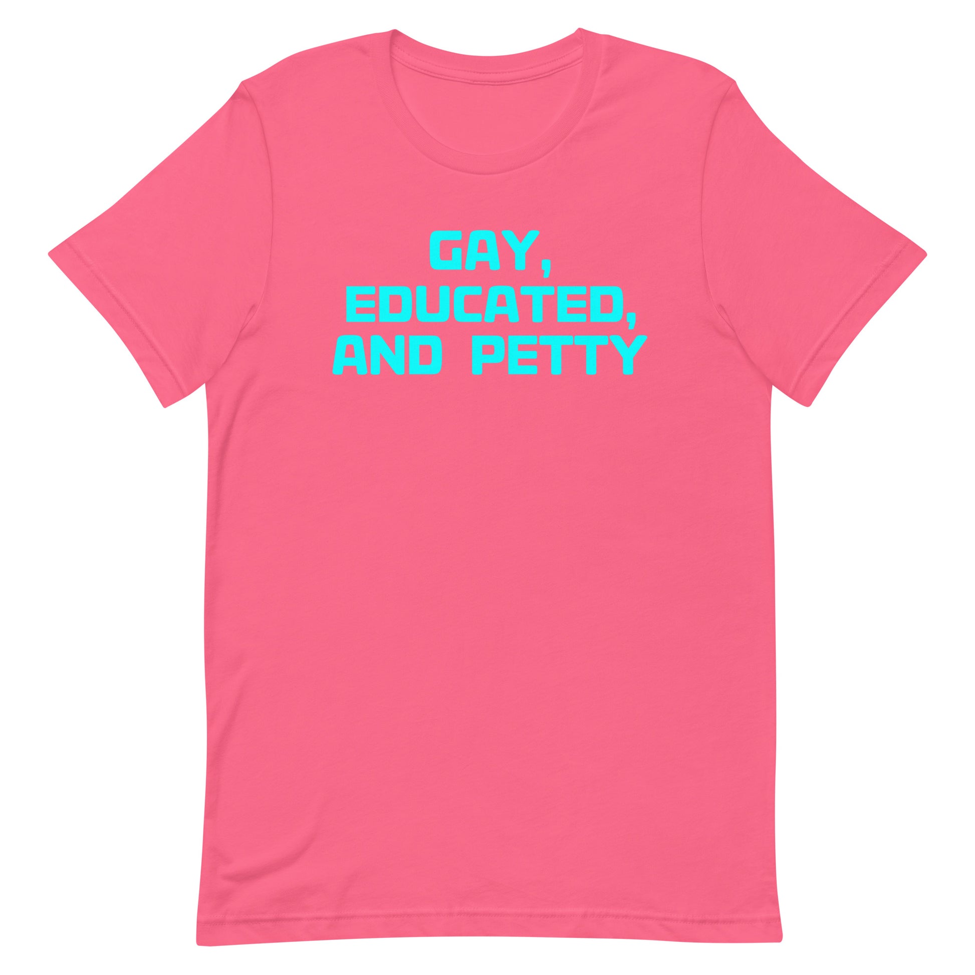 A bright pink short-sleeve crewneck t-shirt with the text 'GAY, EDUCATED, AND PETTY' printed in a bright cyan sans-serif font across the chest, shown on a plain white background.