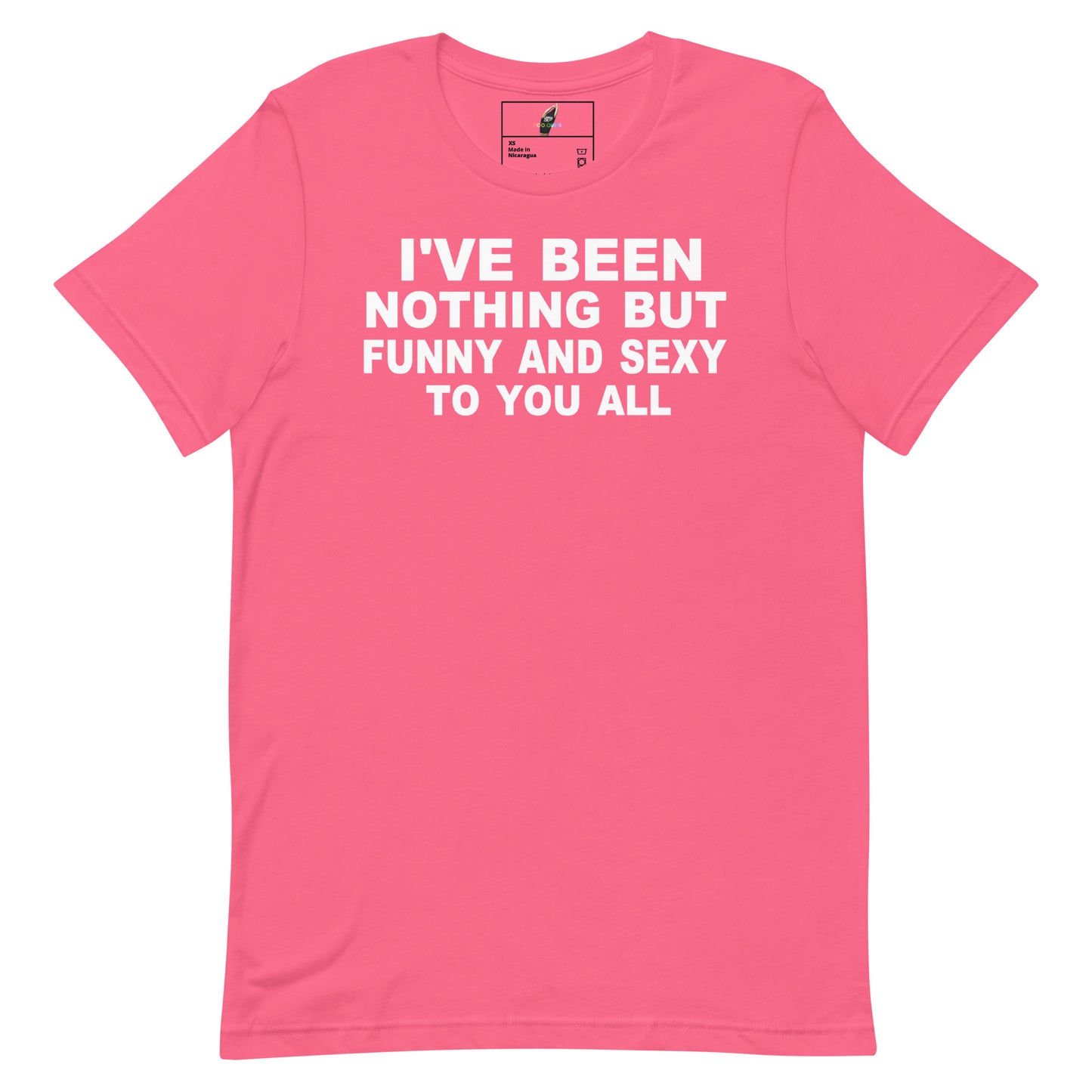 A bright pink short-sleeve t-shirt with bold white text on the front reading 'I'VE BEEN NOTHING BUT FUNNY AND SEXY TO YOU ALL'. The shirt is shown flat against a solid white background, with a small brand label visible inside the collar.