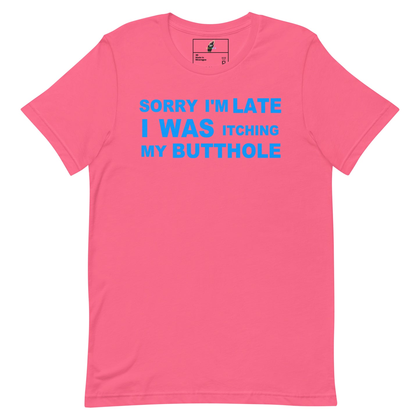A pink short-sleeve crewneck t-shirt with a blue graphic text print on the front that reads 'SORRY I'M LATE I WAS ITCHING MY BUTTOHOLE'.