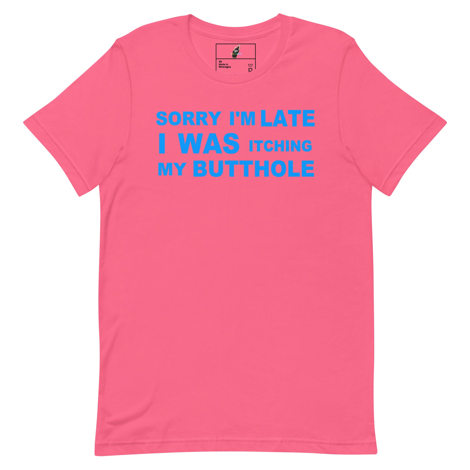 A pink short-sleeve crewneck t-shirt with a blue graphic text print on the front that reads 'SORRY I'M LATE I WAS ITCHING MY BUTTOHOLE'.