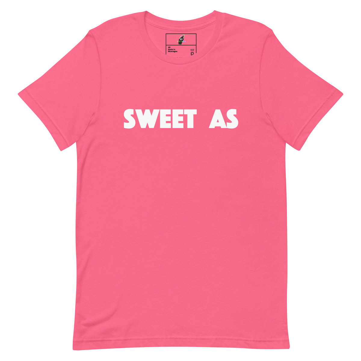 A bright pink short-sleeve crewneck t-shirt with the words 'SWEET AS' printed in bold white capital letters across the chest, displayed flat against a solid white background.