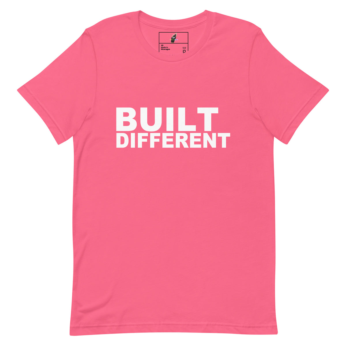 A bright pink short-sleeve crewneck t-shirt with the words 'BUILT DIFFERENT' printed in bold white capital letters across the chest, displayed on a clean white background.
