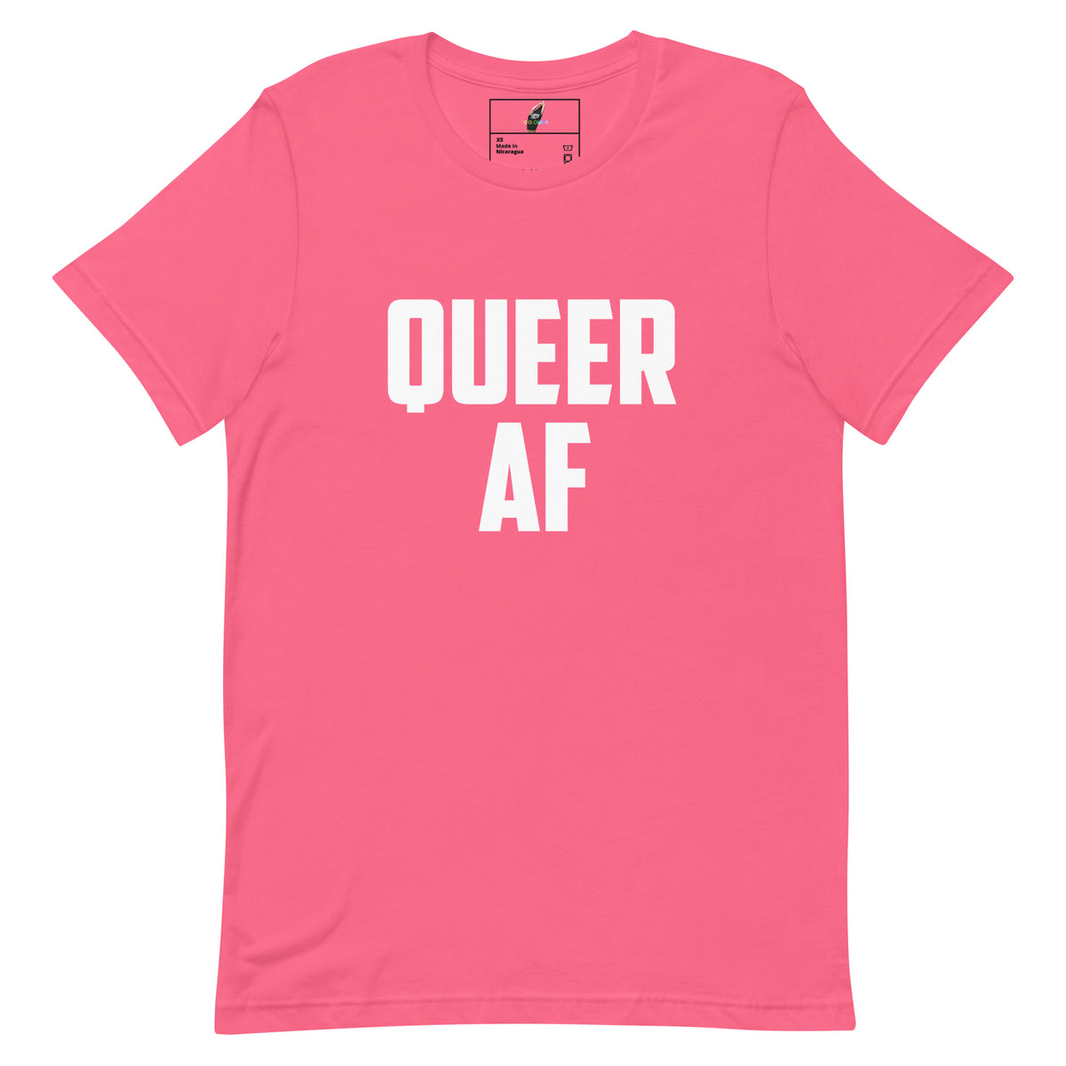 A pink short-sleeve crewneck t-shirt with the words 'QUEER AF' printed in bold white capital letters across the chest, displayed flat against a solid white background.