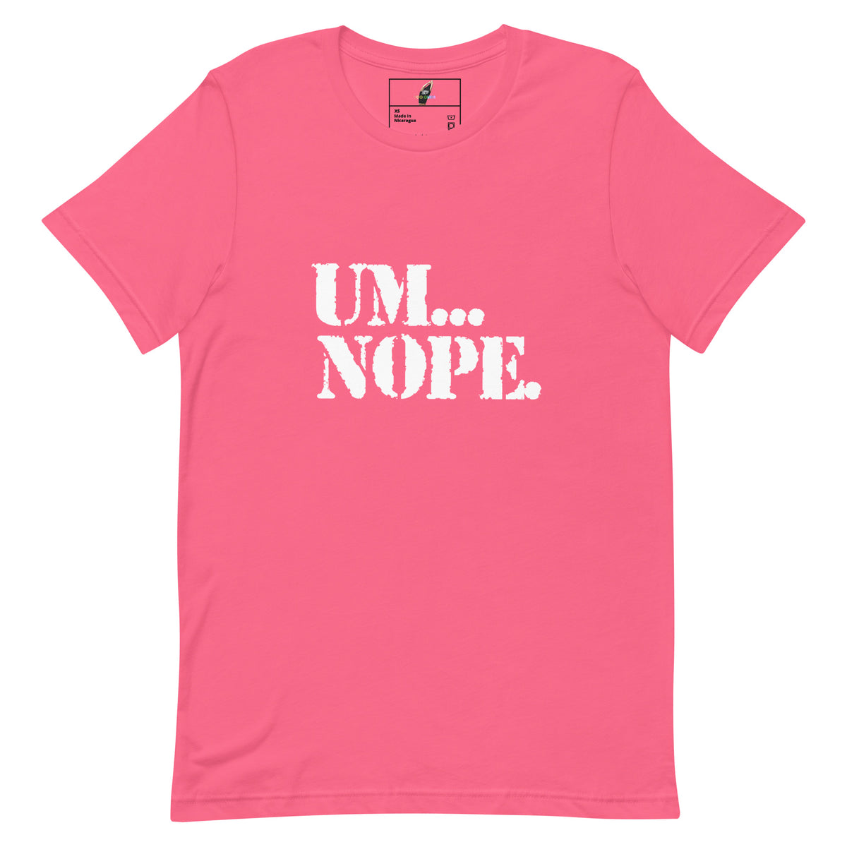A bright pink short-sleeve crewneck t-shirt with the text 'UM.