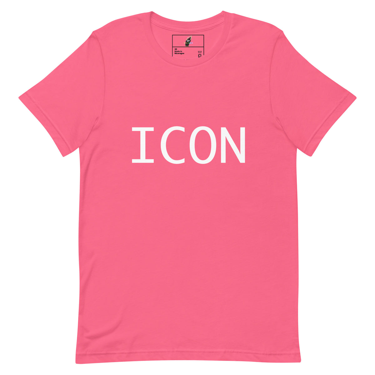 A bright pink short-sleeve crewneck t-shirt with the word 'ICON' printed in bold white capital letters across the chest, displayed flat against a solid white background.