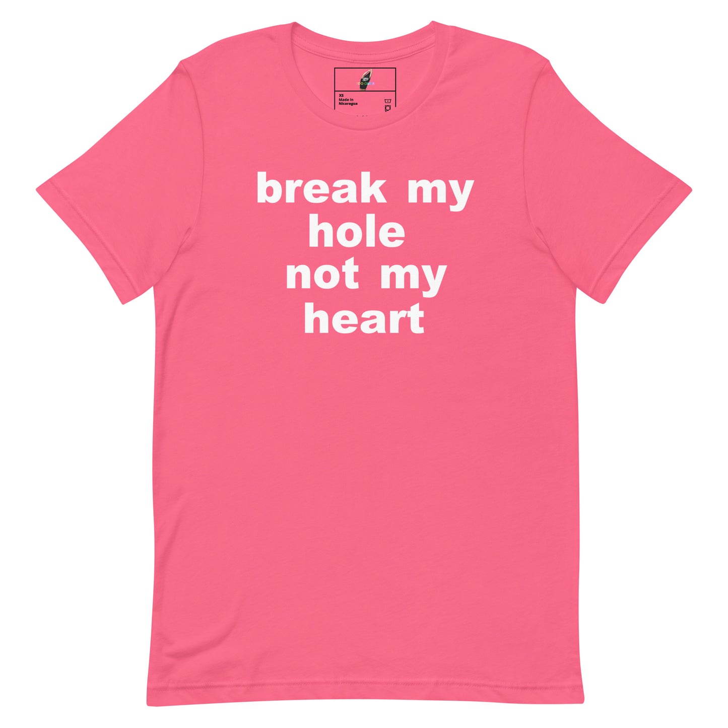 A pink short-sleeve crewneck t-shirt with the phrase 'break my hole not my heart' printed in bold white lowercase letters across the chest, displayed on a clean white background.