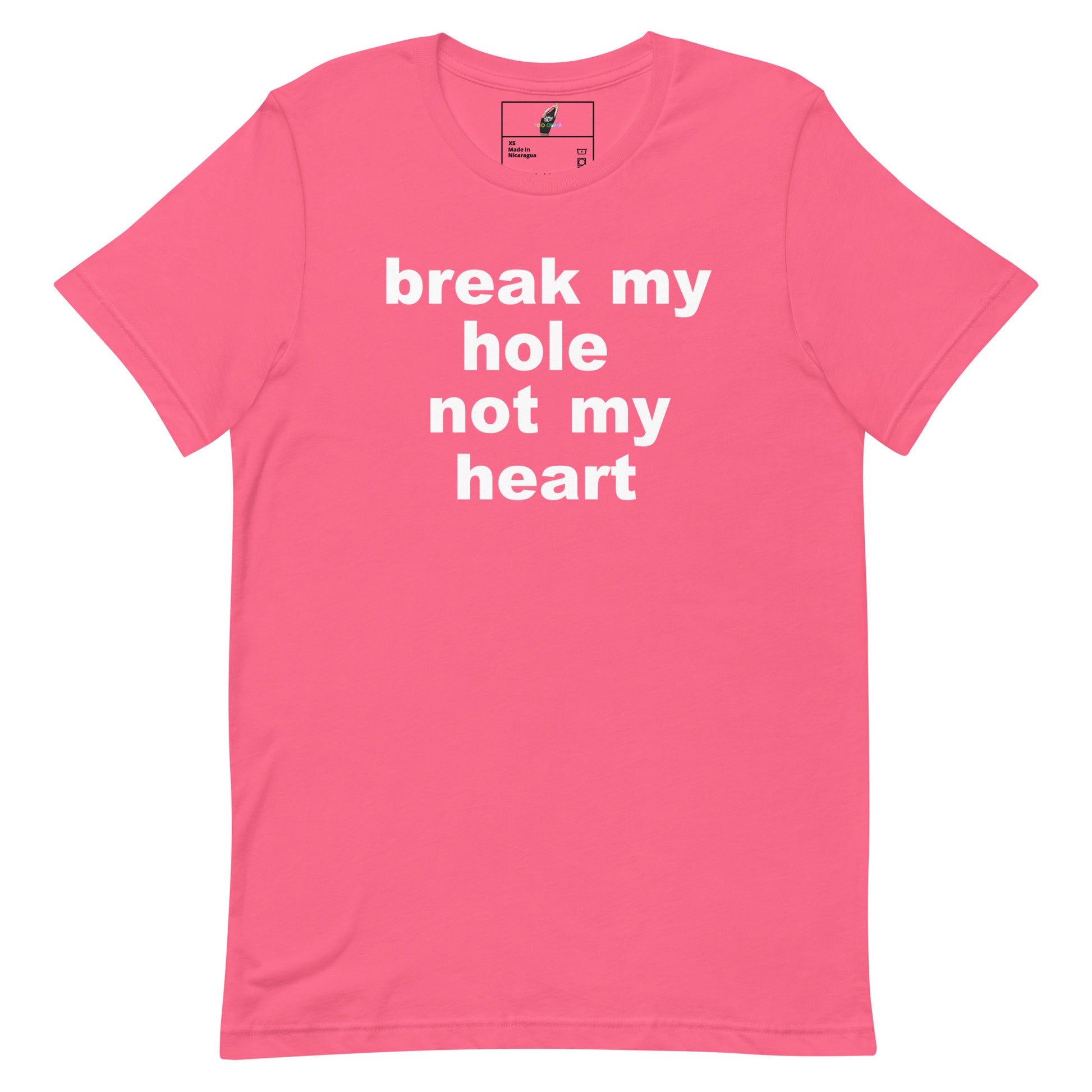 A pink short-sleeve crewneck t-shirt with the phrase 'break my hole not my heart' printed in bold white lowercase letters across the chest, displayed on a clean white background.
