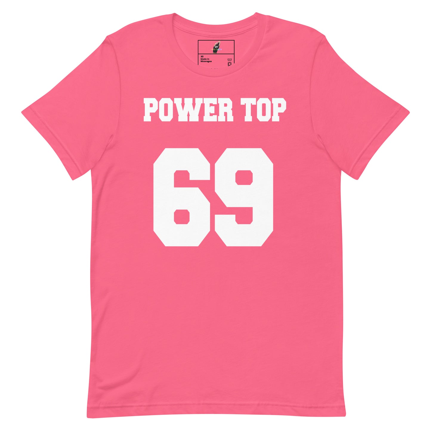 A pink short-sleeve crewneck t-shirt with 'POWER TOP' and the number '69' printed in bold white block letters on the front, displayed against a solid white background.