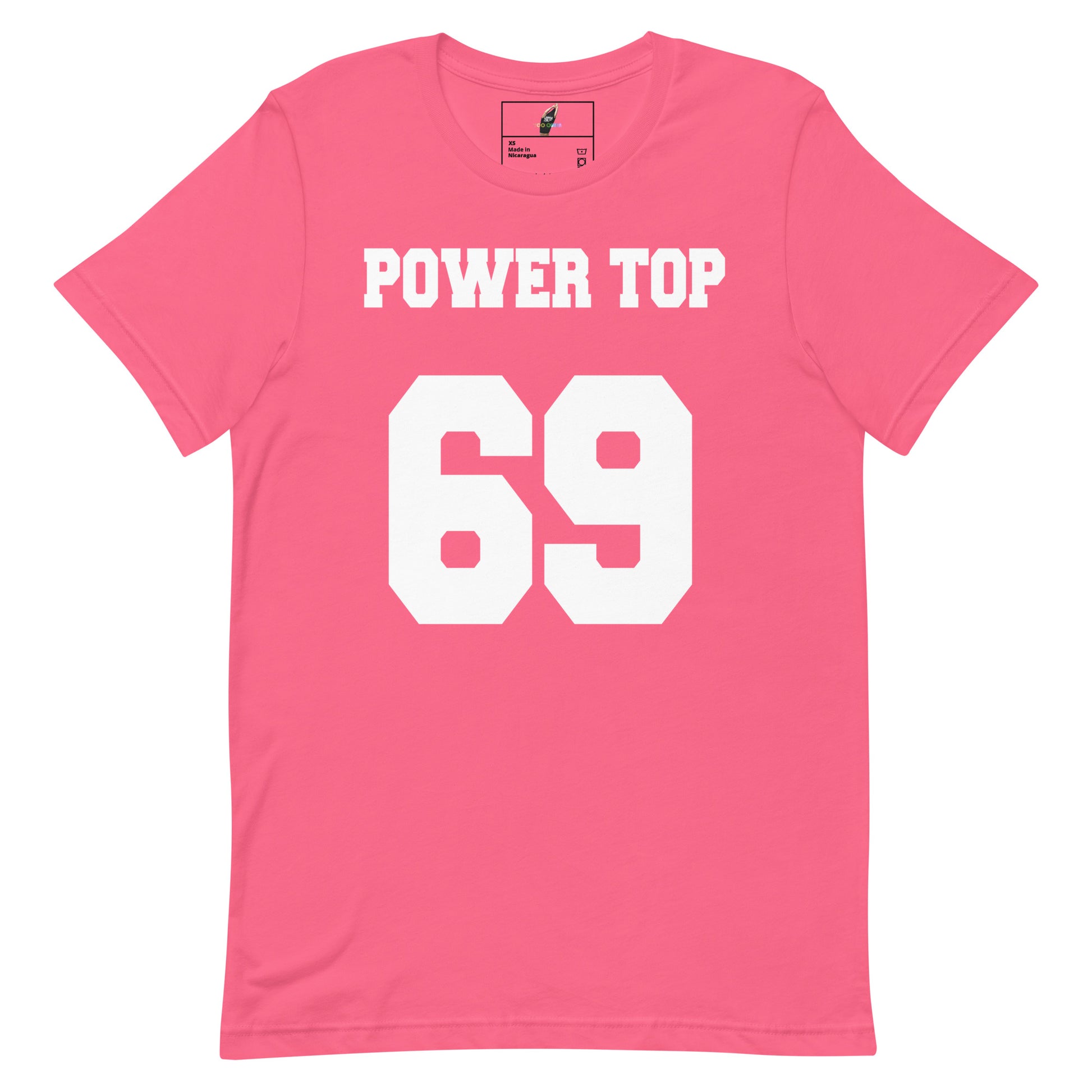 A pink short-sleeve crewneck t-shirt with 'POWER TOP' and the number '69' printed in bold white block letters on the front, displayed against a solid white background.