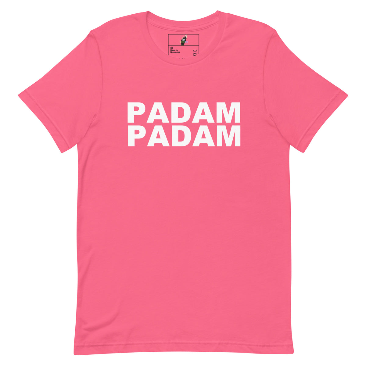 A bright pink short-sleeve crewneck t-shirt with the words 'PADAM PADAM' printed in bold white capital letters across the chest, displayed flat against a solid white background.