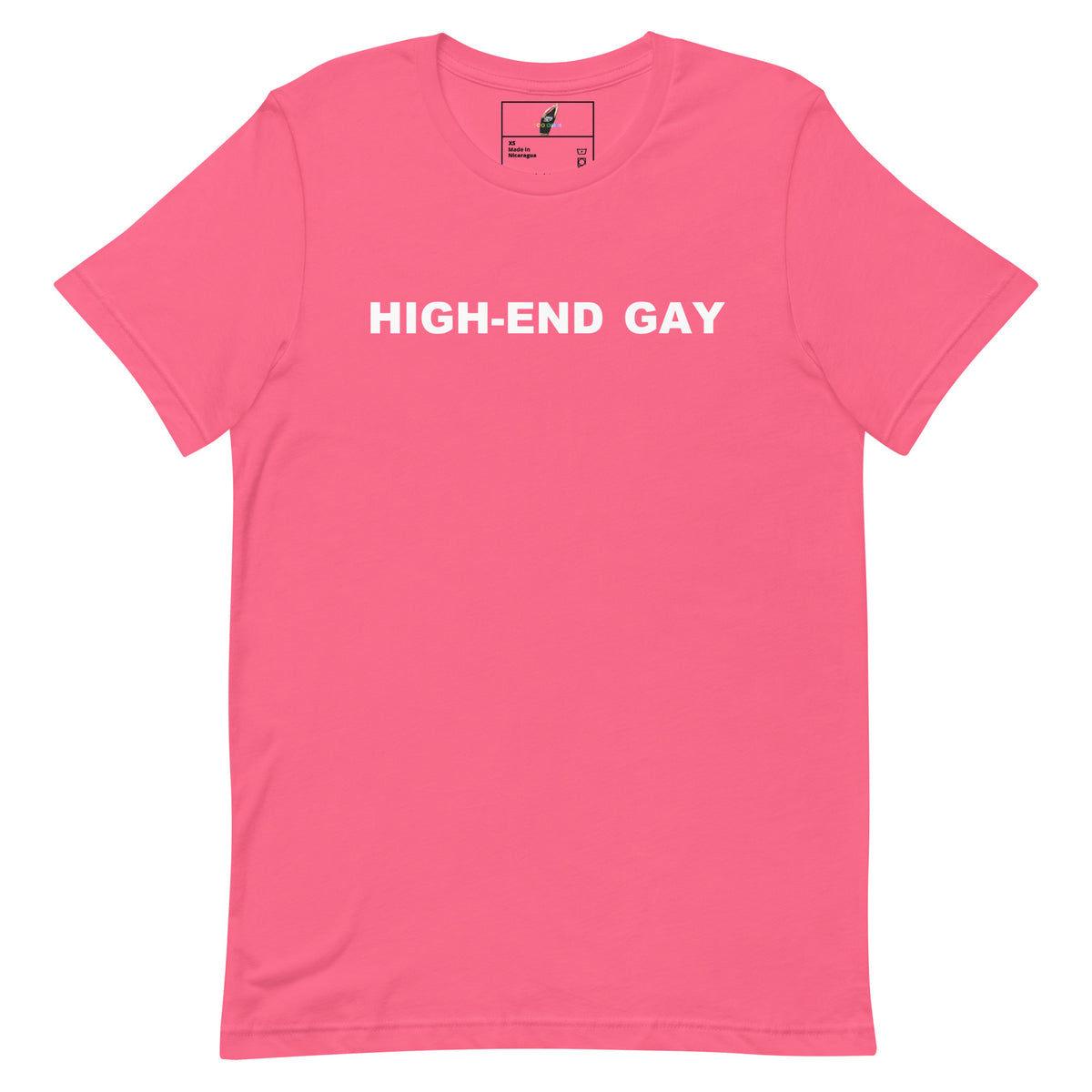 A bright pink short-sleeve crewneck t-shirt with the words 'HIGH-END GAY' printed in white sans-serif capital letters across the chest, displayed flat against a solid white background.