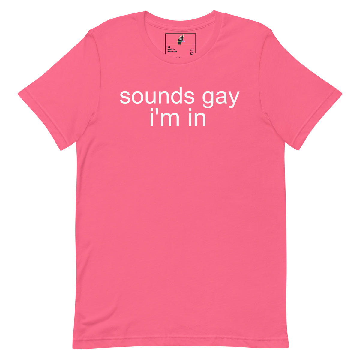 A pink short-sleeve crewneck t-shirt with the white printed text 'I'm not a top, I'm just tall.' across the chest, displayed flat against a solid white background.