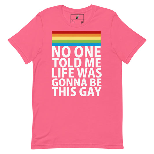 A pink short-sleeve t-shirt with a rainbow stripe graphic and the text 'NO ONE TOLD ME LIFE WAS GONNA BE THIS GAY' printed in bold white capital letters on the front.