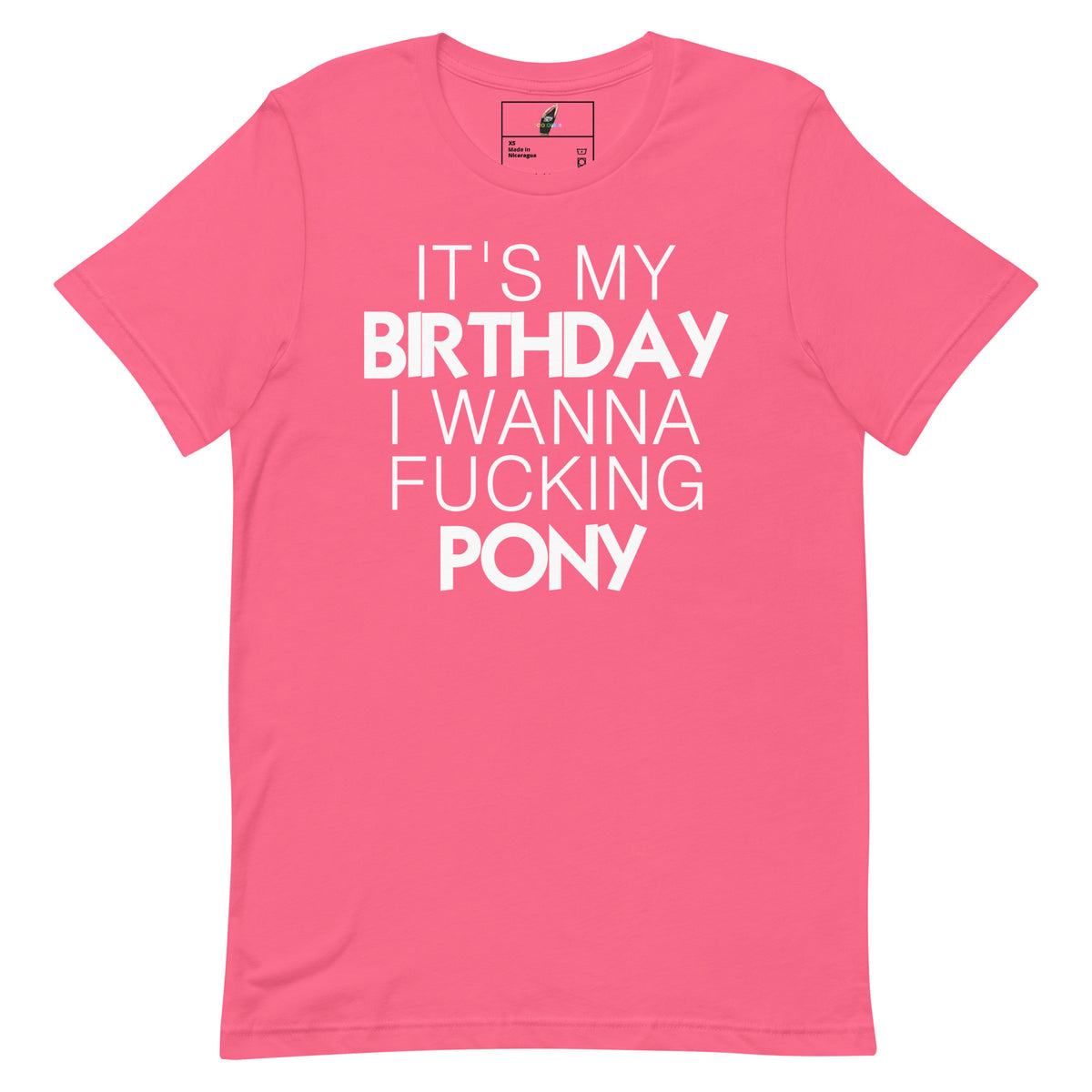 A pink short-sleeve crewneck t-shirt with bold white text on the front reading 'IT'S MY BIRTHDAY I WANNA FUCKING PONY'.